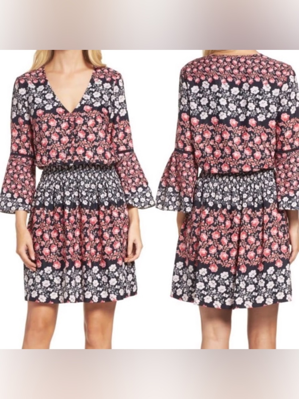 ELIZA J Floral V-Neck Dress with Flowy Sleeves